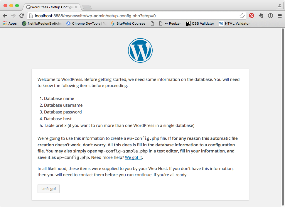 WordPress Setup Screen