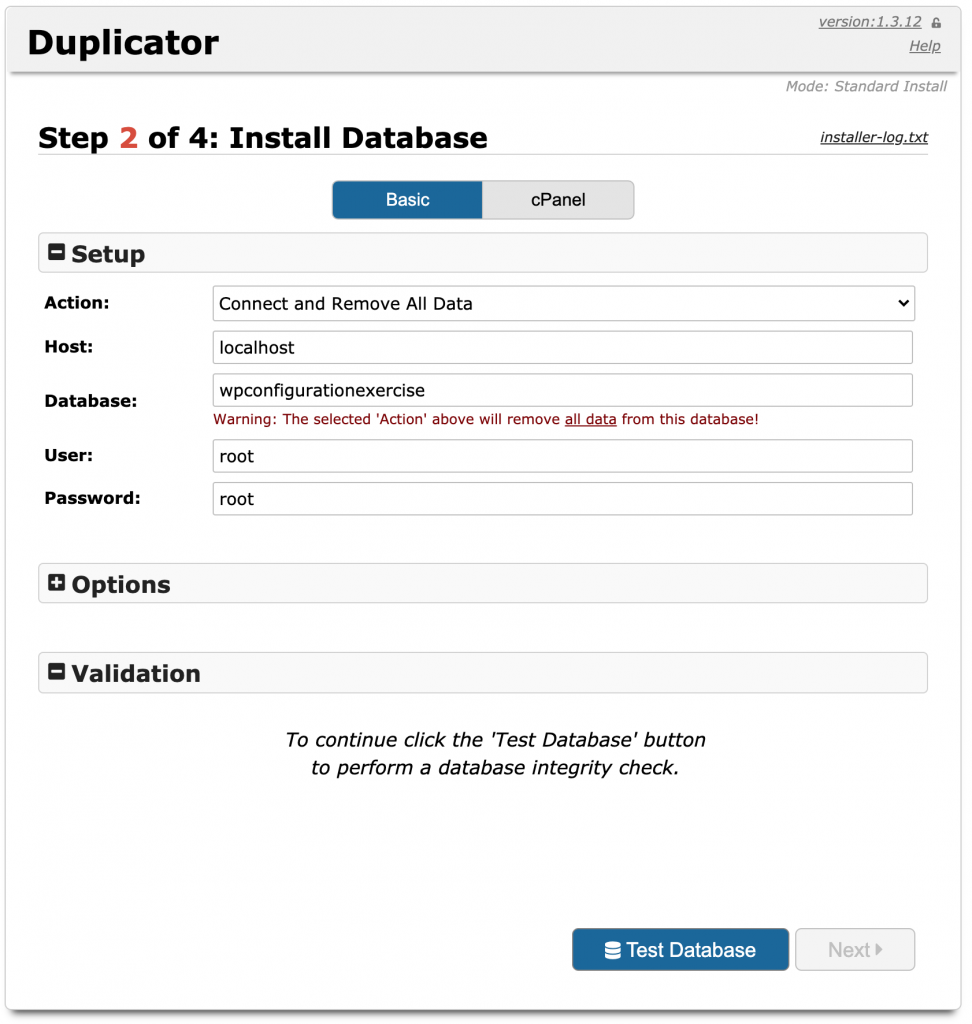 duplicator, install database